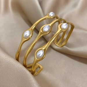 "Aubrey" Gold and Pearl Cuff Bangle Bracelet- Subtle Sophistication